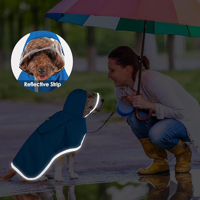 Lukovee Dog Raincoat, Adjustable Dog Rain Jacket with Clear Hooded Double Layer for Large Medium Small Dogs Puppies, Waterproof Rain Coat Poncho with Reflective Storage Pocket & Rim (Blue, XXXL)