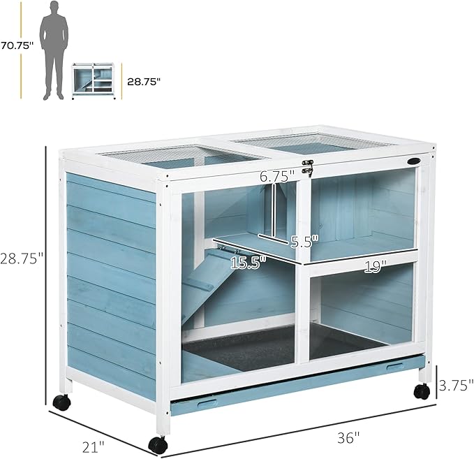 PawHut Rabbit Hutch with Wheels, Desk and Side Table Sized, Wooden Rabbit Cage, Waterproof Small Bunny Cage with Removable Tray, Openable Roof, for Indoor & Outdoor, Light Blue
