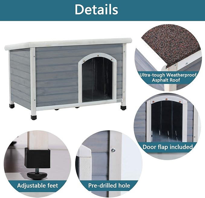 Petsfit Wooden Dog House Extreme Outback Log Cabin Weatherproof Outdoor Pet Kennel, Light Grey, Large/45.6" x 30.9" x 32.1"