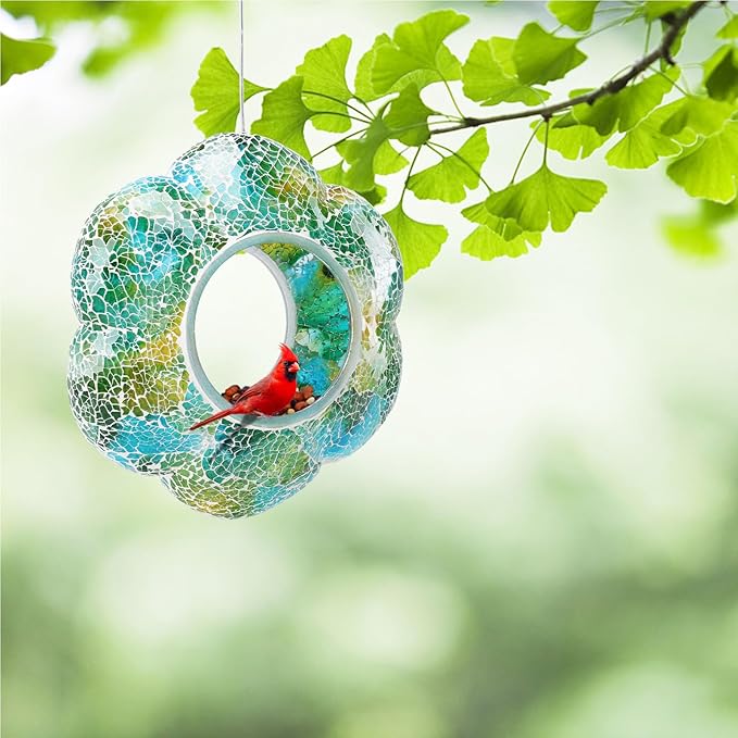 Yinns 9 Inch Large Mosaic Bird Feeders for Outside Hanging Fly Through Bird Feeder with Flower Shape Glass Birdfeeder for Garden Decor