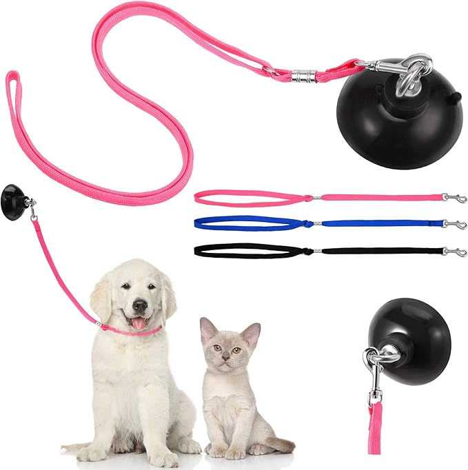 Frienda 4 Pieces Dog Bathing Tether with Suction Cup Pet Dog Grooming Tub Restraint Loops and Adjustable Cat Fixed Safety Rope for Pet Shower Bathing Grooming(Blue Black Pink)