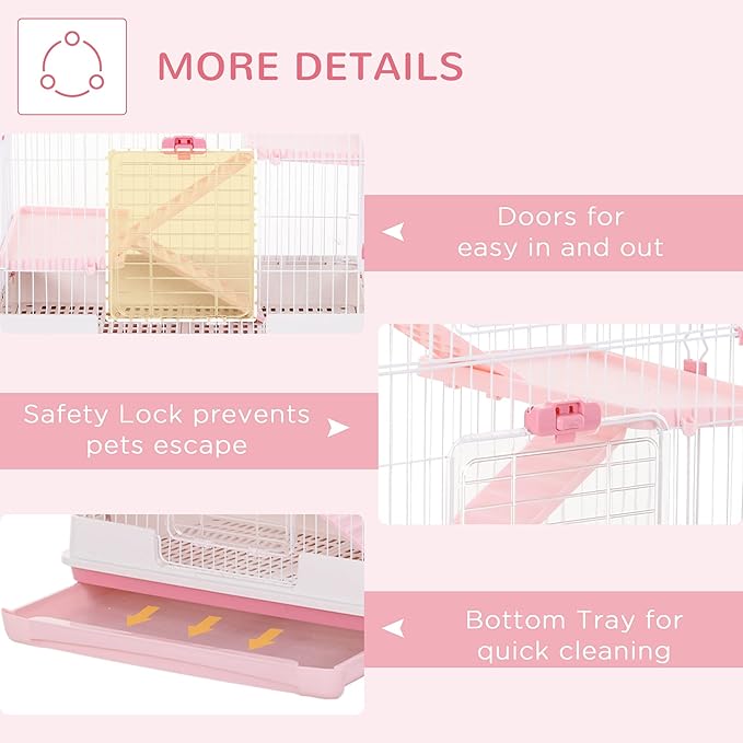 PawHut 4-Level Small Animal Cage Rabbit Hutch with Wheels, Removable Tray, Platform and Ramp for Bunny, Chinchillas, Ferret, Pink