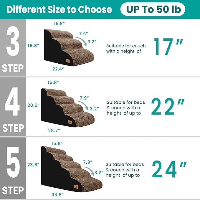 5-Step Dog Stairs for High Beds and Couch, Foam Ramp with Non-Slip Waterproof Fabric Cover, Brown Pet Stairs for Joints