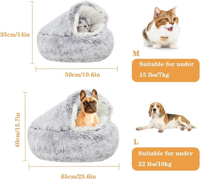 Calming Self Warming Kitten Bed, Round Hooded Cat Cave Indoor Puppy Sleeping Faux Fur Warm Soft Plush Donut Cuddler, Non-Slip Bottom Cat Cushion, Machine Washable