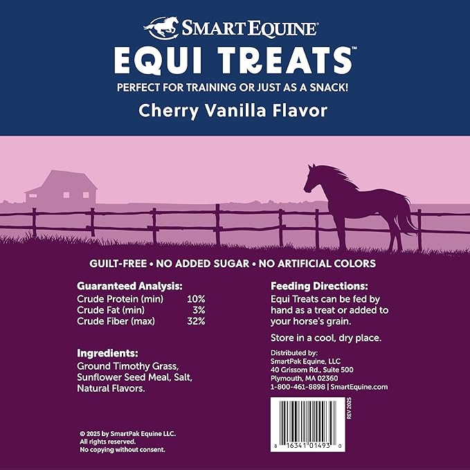 Uckele SmartEquine Equi Treats | Made with Timothy Grass & Sunflower Meal | High-Fiber Horse Treats | Low ESC & Starch | Bite-Sized | No Added Sugar | Cookies for Horses | 4 LB (4 LB, Cherry Vanilla)