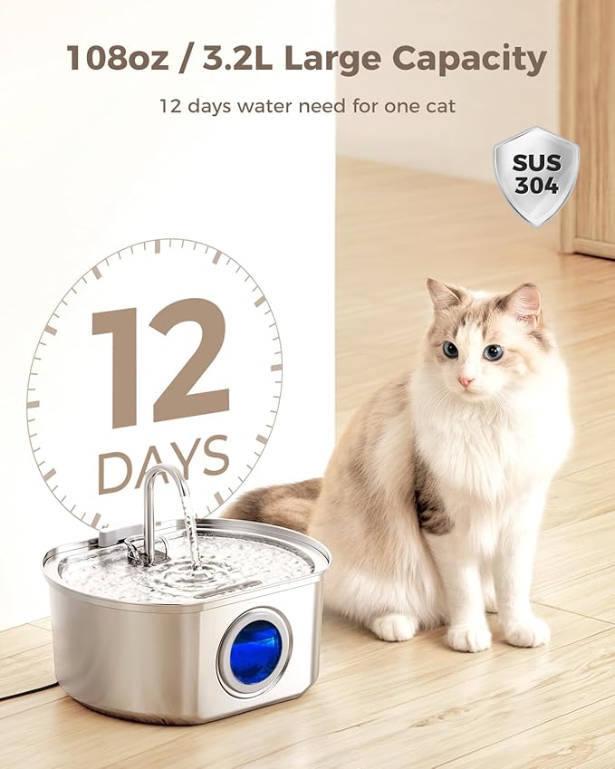 Cat Water Fountain Stainless Steel: 108oz/3.2L Cat Fountain for Drinking- Pet Water Fountain for Cats Inside - Automatic Cat Water Dispenser Bowl - Cat Feeding & Watering Supplies - Water Level Window