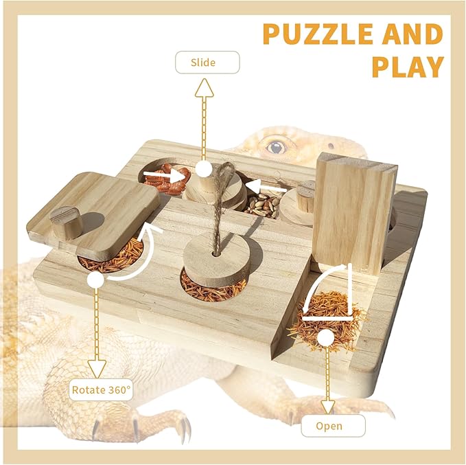 FlidRunest Bearded Dragon Feeder Puzzle, Wooden Lizard Feeding Box, Reptile Interactive Enrichment Food Feeder Training Treat Dispenser for Lizard Bearded Dragon Frog Hamster