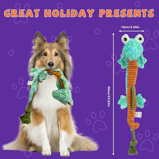 Crinkle Dog Toys Squeaky Plush No Stuffing Cute Puppy Stuffless Tough Rop Pull Toy, Fun Dog Stuffed Animals Durable Chew Set for Small Medium Large Pup (Large, Lizard)