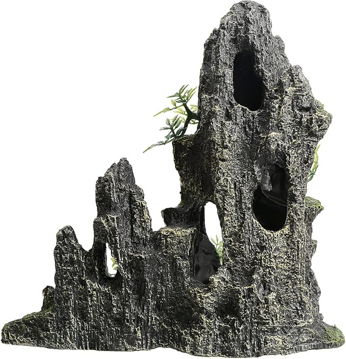 AnRui Large and Tall Aquarium Mountain View Stone Decorations Resin Betta Rock Aquascaping Hiding Cave Ornaments Fish Tank Accessories Decorations with Small Plants