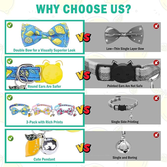 SCENEREAL Breakaway Cat Collar with Bell, 3 Pack Safety Adjustable Cat Collars with Pendant, Personalised Puppy Kitten Collar with Bow for Spring Summer Boys Girls, Pineapple & Lemon & Watermelon
