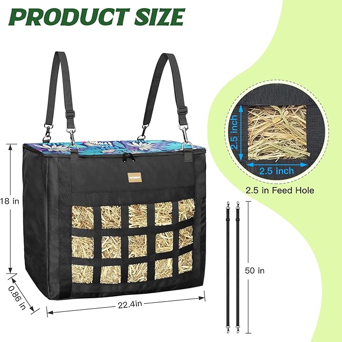 New Version Hay Bags for Horses,Slow Hay Feeder Bags for Goats,Sheep,Super Tough Oxford with Front Hay Nets Design, Double Reinforced Webbing Upgraded Metal Clips for Durable (Leaf)