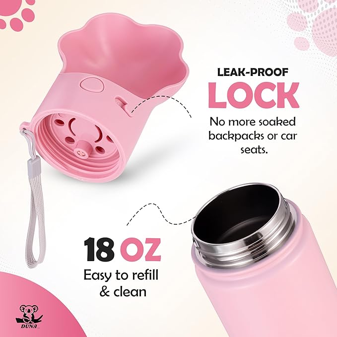 Gulp by Duna 18oz Dog Travel Water Bottle with Paw-Shaped Bowl – Insulated Stainless Steel, Leakproof & Portable with Carry Strap – Outdoor Walking, Hiking & Pet Hydration On-The-Go – Pink