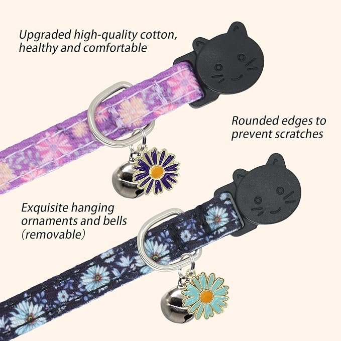 Cat Collar Breakaway, 2 Pack Cotton Cats Collars with Bells, Cute Flowers Shaped for Girl Boy Kittens, Purple and Blue