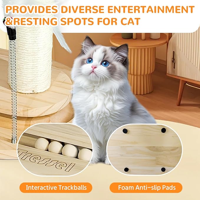Small Cat Tree Tower, Cat Scratching Post 6-in-1 Cat Tree with Self Groomer Brush, Natural Sisal Scratcher Cute Kitten Climbing Tower with Bed, Hanging & Track Toy for Indoor, Beige