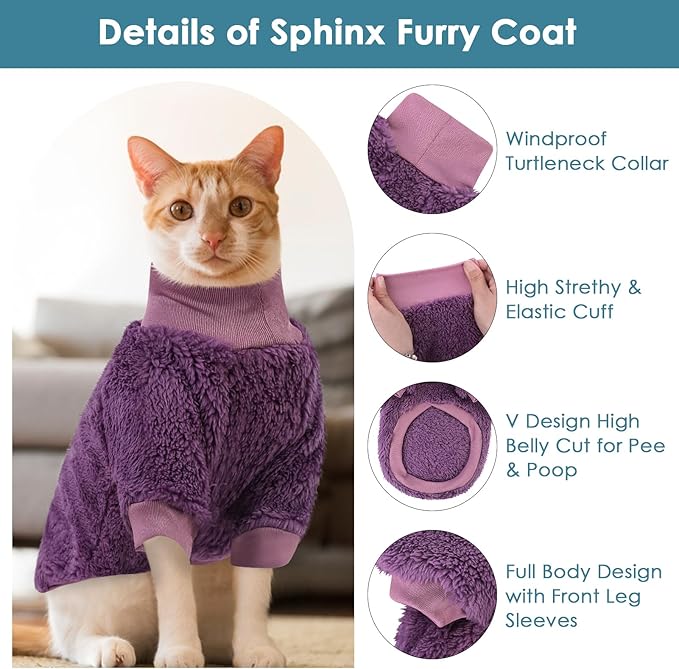 SUNFURA Sphynx Cat Sweater, Hairless Cats Turtleneck Pullover Kitten Sweaters for Cats Only, Warm and Soft Cat Pajamas Shirt with Sleeves Pet Winter Clothes Fleece Jumpsuit for Puppy, Purple S
