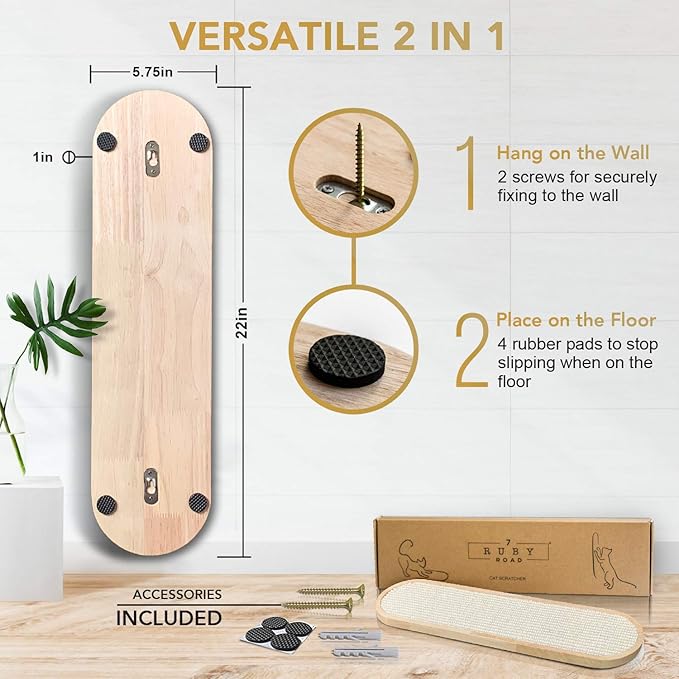 7 Ruby Road Wall Mounted Cat Scratcher - Indoor Vertical Scratching Board for Cats - Scratch Pad Post - Wall Furniture (Cream)