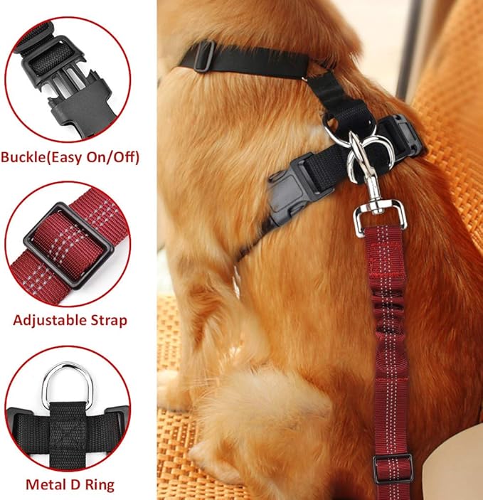 SlowTon Dog Seat Belt Harness for Car, Dog Car Harness Adjustable Mesh Breathable & Dog Seatbelt Safety Tether with Elastic Bungee for Small Medium Large Pets(Red Seatbelt, Single Clip, XXXS)