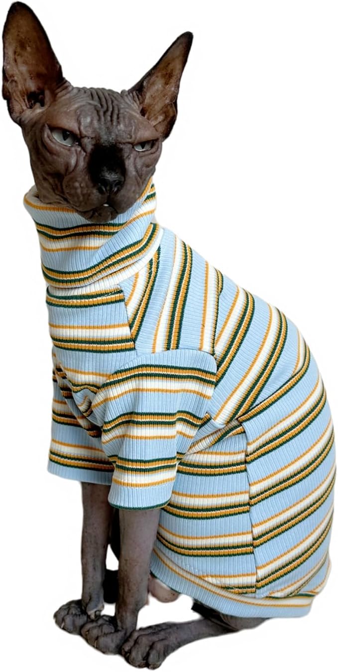Turtle Neck Vintage Stripes Sphynx Hairless Cat Cotton T-Shirts Pet Clothes Vest Kitten Shirts Sleeveless, Cats & Small Dogs Apparel (Light Blue, (7-8.8 lbs))