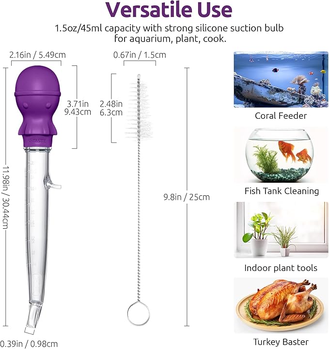 U-Taste Aquarium Pipette Cleaner: 1.5oz Coral Feeder for Fish Tank Cleaning, Manual Feeding Tube, Food Grade Siphon Dropper, Waste Remover with Strong Suction & Stand & Brush (11.98in, Purple)