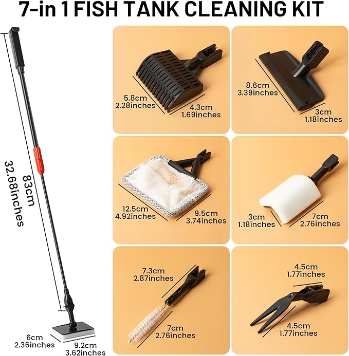 Aquarium Glass Cleaner, 7 in 1 Algae Remover for Fish Tank, Aquarium Cleaning Kit with Long Handle, Aquarium Net, Algae Scraper, Sponge Brush