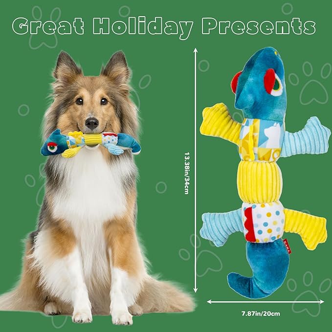 Crinkle Dog Toys Squeaky Plush No Stuffing Cute Puppy Stuffless Tough Rop Pull Toy, Fun Dog Stuffed Animals Durable Chew Set for Small Medium Large Pup (Large, Blue Chameleon)