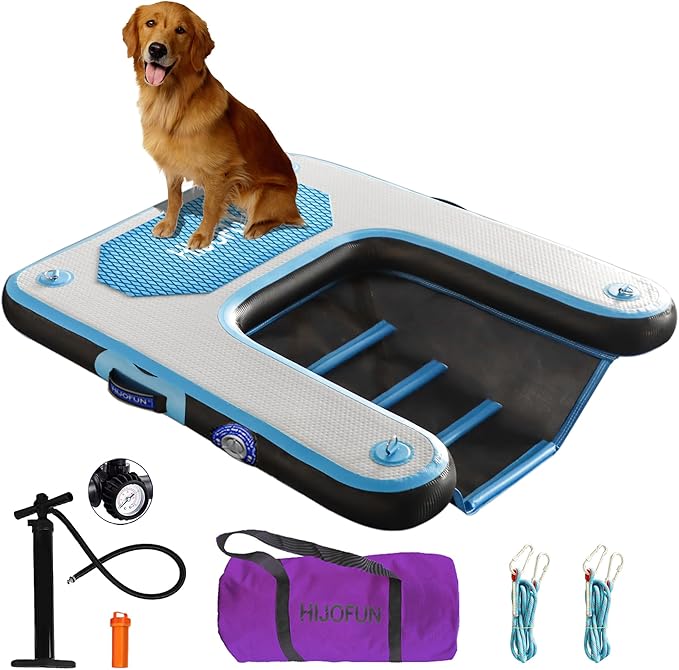 Inflatable Dog Water Ramp with Non-Slip Steps & D-Rings–220 lbs Capacity,55"x39.4"x4", Portable Floating Ladder for Pool, Boat, Lake – Blue