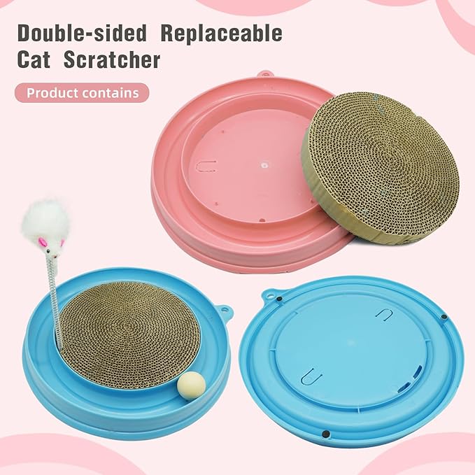 Cat Round Scratcher, 3 in 1 Interactive Kitten Toys, Scratching Pad with Ball Track and Squeaky Mouse, for Bored Indoor Adult Cats Kitty Scratching Puzzle-Blue