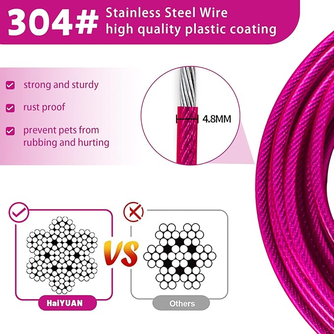 Dog Tie Out Cable 10/15/20/25/30 FT Runner for Yard Steel Wire Cable with Durable Superior Clips Pink Chains for Outside Dog Lead for Large Up to 165 Lbs