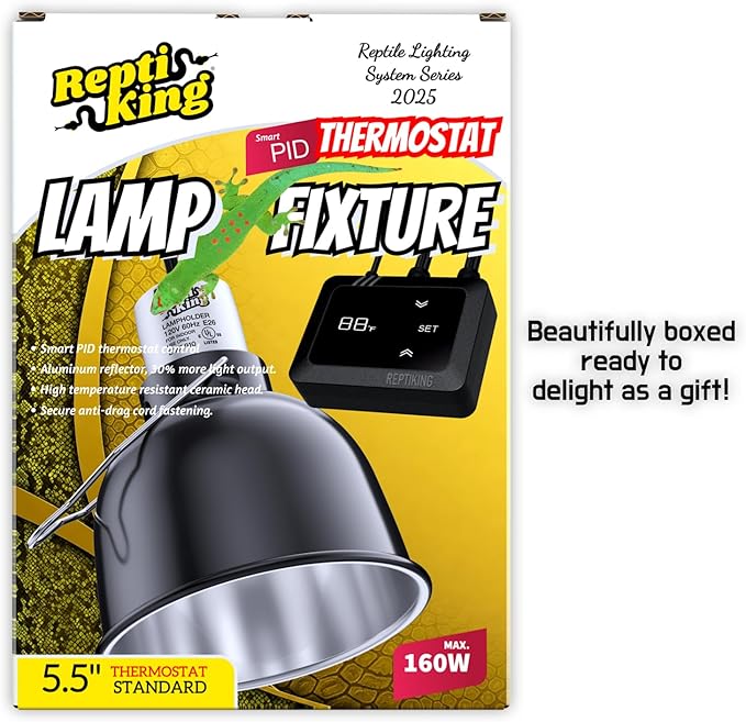 Reptile Heat Lamp Fixture with Dimming Thermostat - 5.5'' Light Dome with PID Thermostat, for Ceramic Heat Emitter & Basking Light Bulb, for Bearded Dragon, Snake, Tortoise, Lizard Tank Accessories