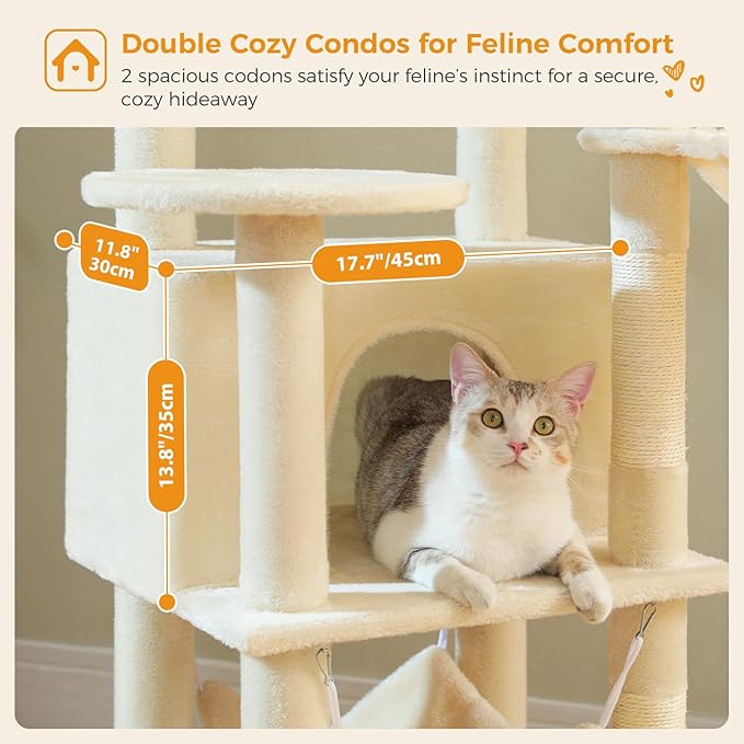 PAWZ Road Tall Cat Tower, 70 Inch Cat Tree with Hammock, 5 Scratching Posts, 2 Condos and a Large Top Perches for Large Cats-Beige