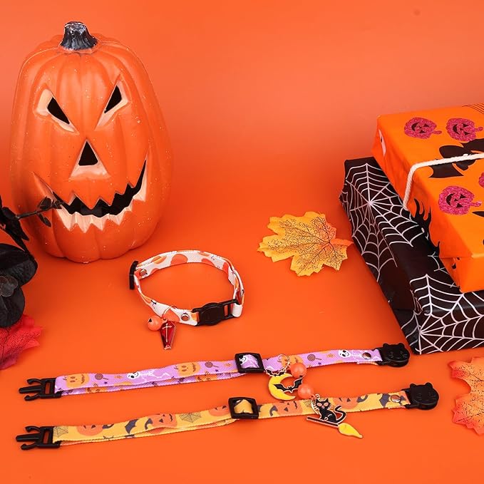 3pcs Halloween Cat Collars with Bells, Polyester Adjustable Breakaway Festive Kitten Puppy Collars Playful Holiday Accessories for Small Dog Kitty Pets (Black Cat, Bat, Cross Pattern)