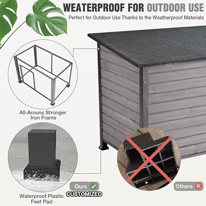 Dog House Outdoor Insulated Dog House for Small Medium Large Dogs, Natural Wood with Iron Frame, Waterproof Roof Raised Feet