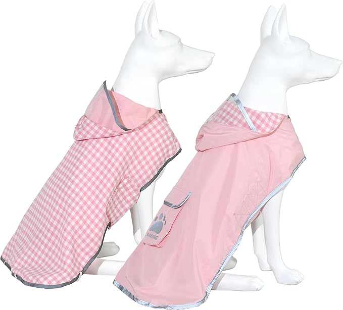 MAMORE Dog Raincoat Reversible,Waterproof Dog Rain Coat Hooded Slicker Poncho with Reflective Strip, Plaid Double Layer Rain Jacket for Small Medium Large Dogs (Pink, X-Large)