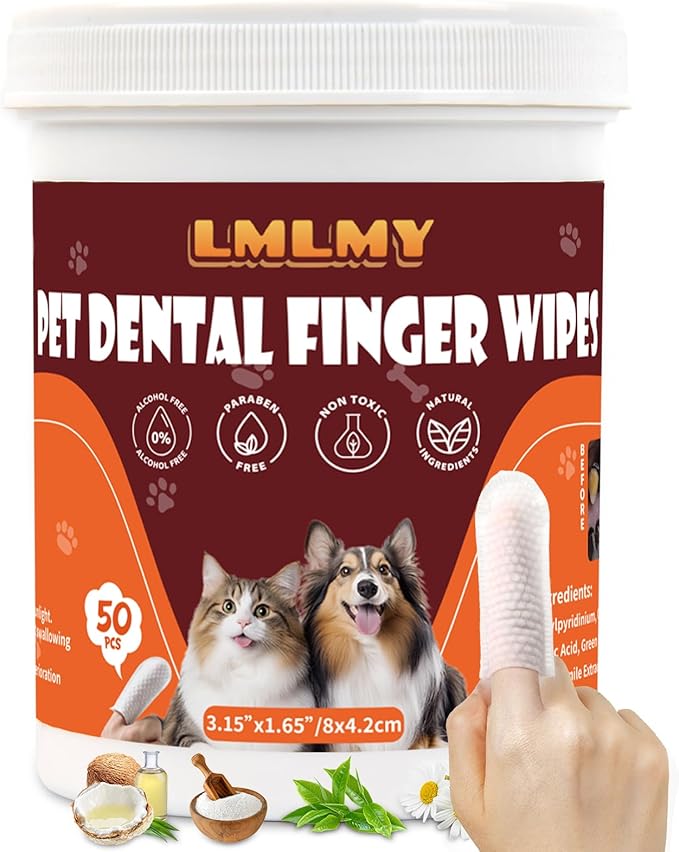 Dog Dental Wipes - Dental Finger Wipes for Cats & Dogs - Dog Toothbrush Finger Dental Wipes to Remove Plaque & Tartar,Effective Teeth Cleaner (50PCS)