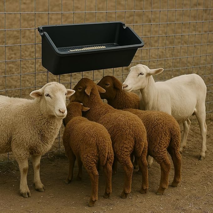 Hanging Chicken Feeder Troughs (4 Pack, 5 Qt) – Durable Black Plastic Poultry Feed & Water Buckets with Metal D‑Clips, Multi‑Animal Goat, Sheep, Duck, Pig, Horse, Chicken Coop Feeder