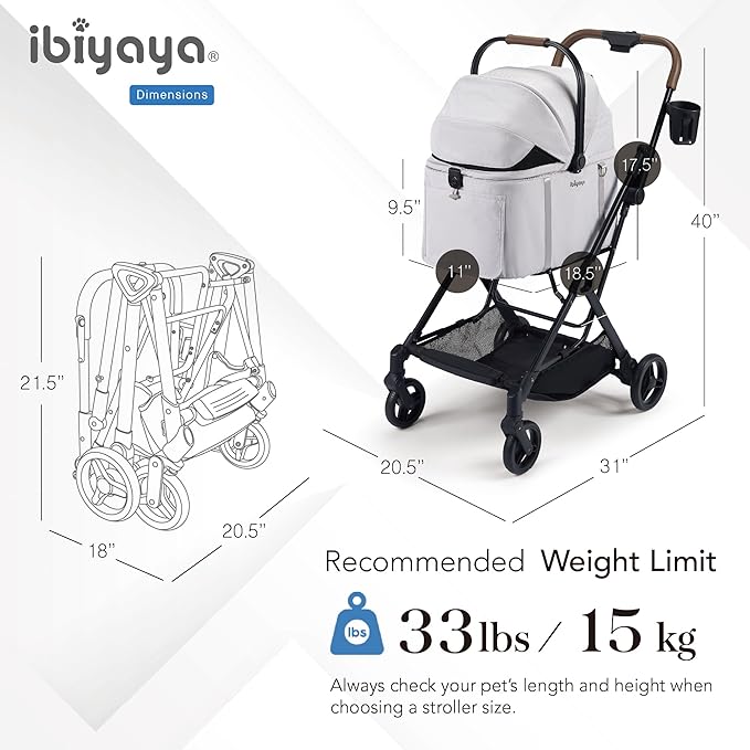 ibiyaya Tinker Pet Stroller for Small Dogs and Cats – 3-in-1 Pet Carrier, Dual-Opening Canopy, No-Flat Wheels, Vegan Leather Handle, Large Storage Basket (Silver Gray)