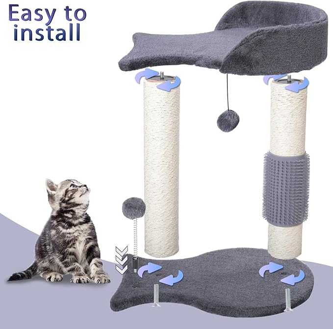 Cat Tree Tower, Multifunction Cat Scratching Post for Indoor Cats Featuring with Fish-Shaped Rest Platform Cat Self Groomer Danging Ball Spring Ball, Grey