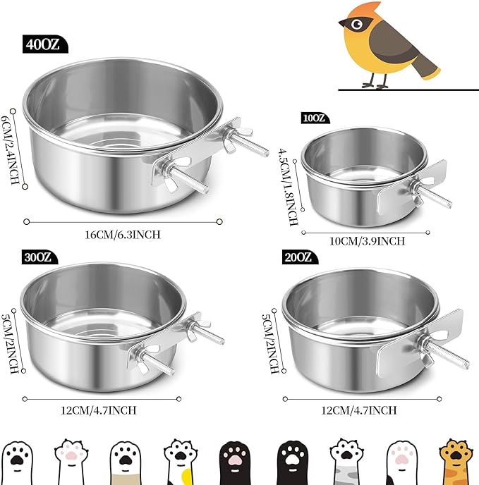 Bird Cage Feeder, Bird Feeder for Cage, 2 Pcs 10oz Stainless Steel Food Water Bowls with Clamp, Hanging Coop Cups for Parrot Cockatiel Hamster Rabbit Rat Small Animals