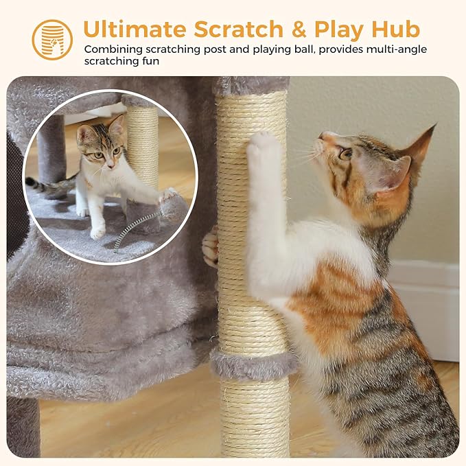 PAWZ Road Cat Tree for Indoor Cats, 26 Inches Cat Tower with Large Perch, Private Condo, Small Cat Condo with Spring Ball & 2 Scratching Posts for Cats-Gray