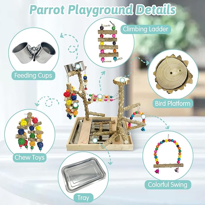 PINVNBY Bird Playground Natural Wood Parrot Perch Stand Bird Play Gym Colorful Ladder Swing Chewing Toys with Metal Tray and 2 Stainless Steel Cups Bird Cage Accessories for Conure Cockatiel Parakeet