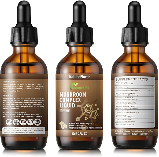 2 Pack Vegan Immune Mushroom Tincture Supplement,7 in 1 Mushroom Extract Liquid Drops with Lion's Mane,Shiitake,King Trumpet,Turkey Tail,Reishi,Chaga & Cordyceps 4 fl oz (120 Servings)