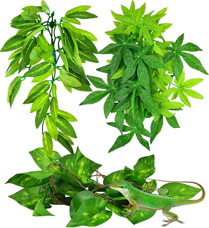 KATUMO Reptile Plants, 3PCS Amphibian Hanging Plants with Suction Cup for Lizards, Geckos, Bearded Dragons, Snake, Hermit Crab Tank Pets Habitat Decorations