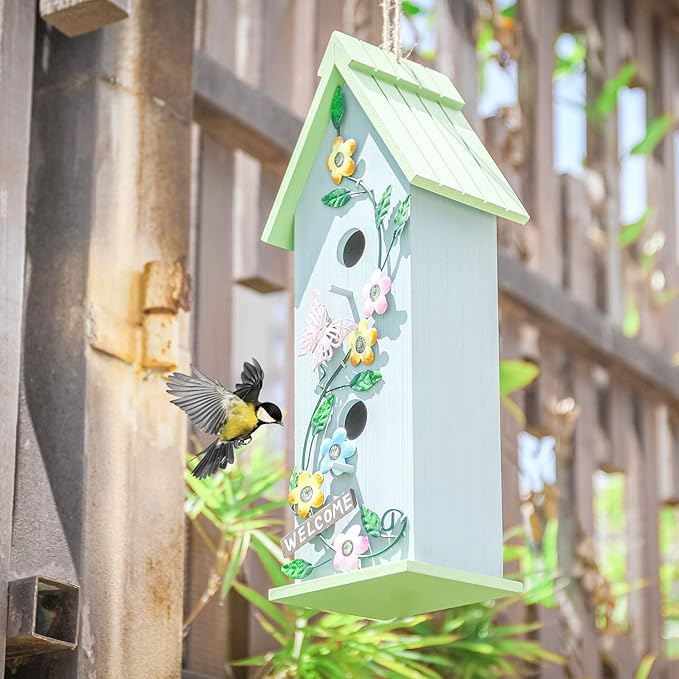 Yinns Hanging Birdhouse for Outdoor, Garden Decorative Wooden Bird House, Colorful Flower Two-Tiered for Hummingbird Small Bird