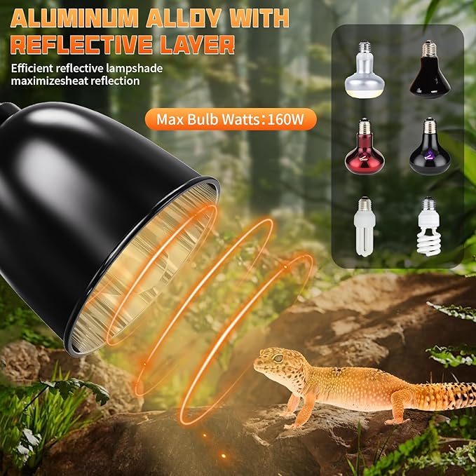 Reptile Light Fixture with Thermostatic Timer, 5.5 Inch Deep Dome Reptile Heat Lamp Fixture with Thermostatic Timing Remote Control Max 160W for Reptile Glass Terrariums