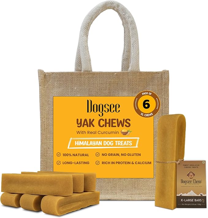Dogsee Himalayan Yak Chews with Turmeric/Curcumin (XL - 6 Bars, 2lb) | Natural & Long-Lasting | Yak Chews for Large Dogs | Anti-Inflammatory | Supports Oral Hygiene | Rawhide-Free Treats