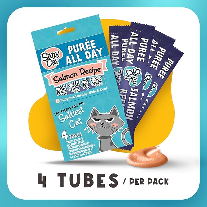 Salty Cat Creamy Purée Salmon Cat Treat – Lickable with Real Salmon, Squeeze Treats with No Preservatives, 14g Tube That Support Healthy Skin & Coat