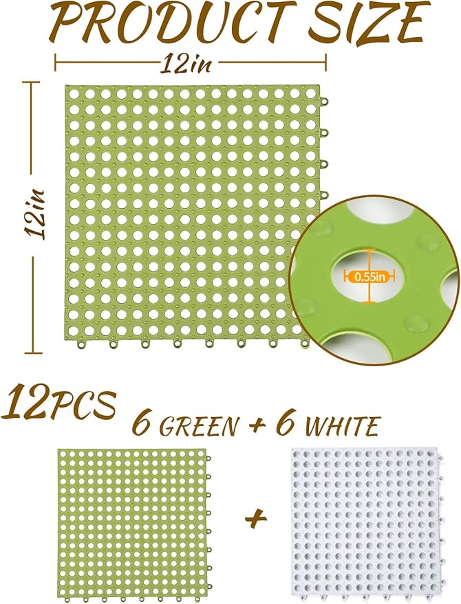 Rabbit Cage Mat for Feet-12 Pack Plastic Bunny Resting Mats 12x12in Washable Pet Foot Pad with Holes for Adult Guinea Pig Chinchilla Ferret Squirrel (6 Green & 6 White)