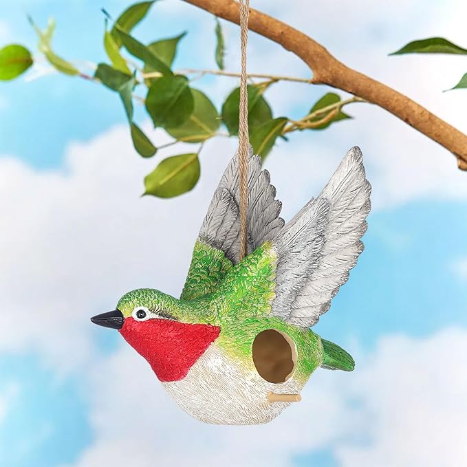 BAYN Bird House for Outside, Hanging Handcrafted Hummingbird Resin Outdoor birdhouses Humming Bird, Bluebird, Wren, Camper Hanging Houses nest cage