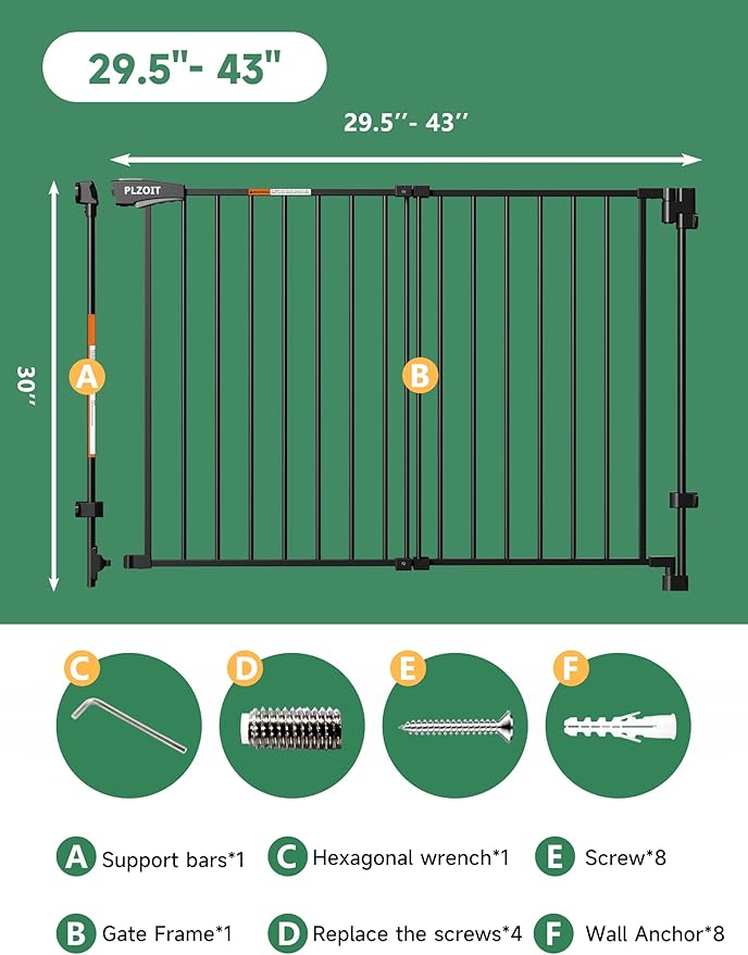 29.5-43" No Bottom Bar Baby Gate for Stairs, Auto Close Baby Gates for Doorways, Hardware Mounted, Dog/Pet Gate Indoor with Extra-Wide Walk Thru Door, Child-Proof Safety Gate for Kids (Black)