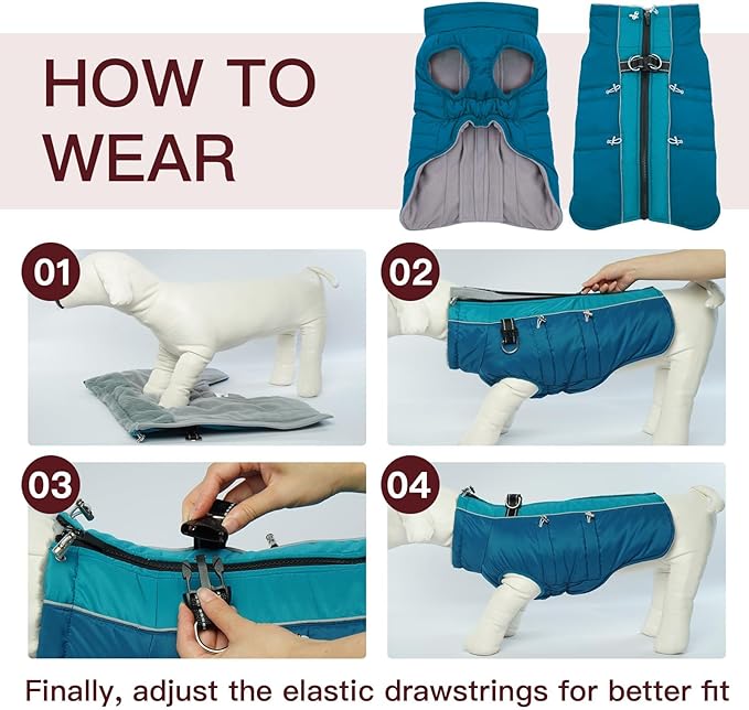 Dog Winter Jacket - Large, Warm Zip Up Snowsuit Dog Harness Vest, Reflective, Water-Resistant, Green